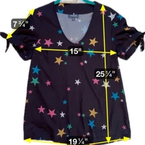 ModCloth Black Star Print Tie‑Sleeve Blouse V‑Neck Whimsical Celestial Top‎ Sz S - Picture 4 of 9